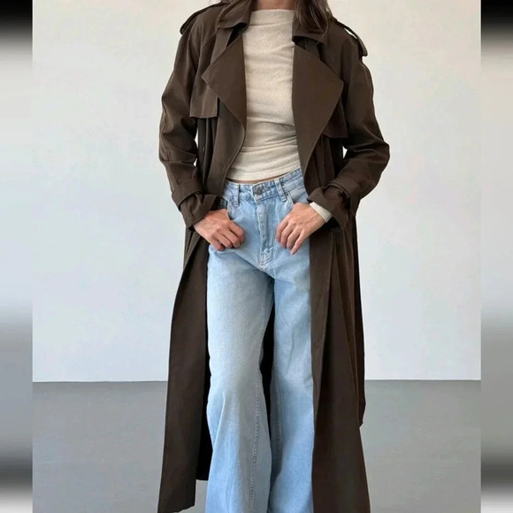 Extra Long Tie Waist Double-Breasted Decor English Style Lapel Brown Trench Coat - Picture 5 of 7